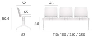 Sch&eacute;ma du banc sur poutre Minho &agrave; assise rembourr&eacute;e, hauteur 80,6 cm, assise 46 cm, longueurs 110 &agrave; 250 cm