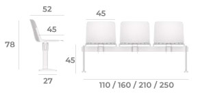 Sch&eacute;ma du banc sur poutre Minho &agrave; assise rabattable, hauteur 78 cm, assise 45 cm, longueurs 110 &agrave; 250 cm