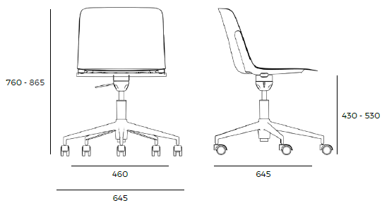 Schéma de la chaise Minho Roller pivotante sur piétement étoile à roulettes, hauteur 76-86,5 cm