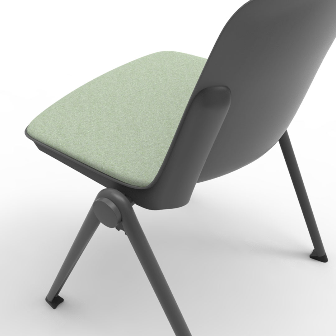 D&eacute;tail de l'assise de la chaise Minho Social : coque grise, galette vert d'eau et pi&eacute;tement noir