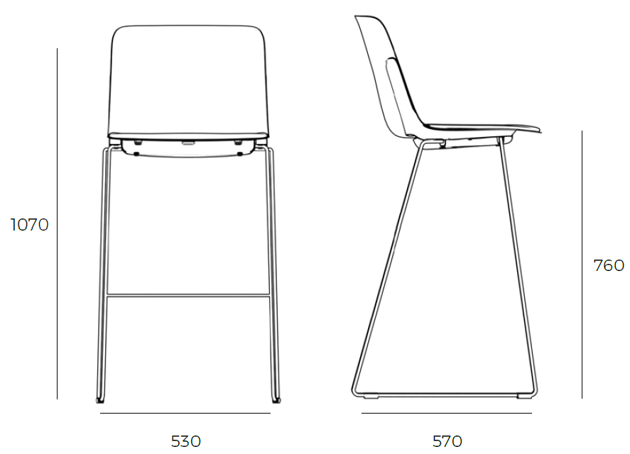 Sch&eacute;ma du tabouret Minho haut sur pi&eacute;tement luge, cotes : hauteur 107 cm et assise 76 cm