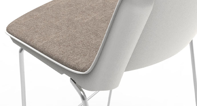 D&eacute;tail de l'assise du tabouret Minho avec galette beige, coque grise et pi&eacute;tement m&eacute;tal