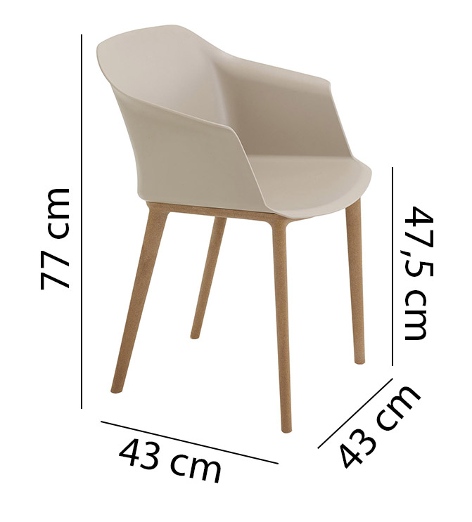 Schéma de la chaise Miravidi avec accoudoirs sur pieds bois, 43 x 43 cm, hauteur 77 cm, assise 47,5 cm