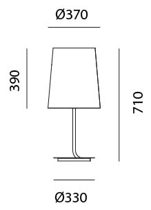 Schéma de la lampe à poser Mistra, cotes : abat-jour Ø37 cm, hauteur 71 cm, base Ø33 cm