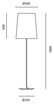 Schéma du lampadaire Mistra grand modèle, cotes : abat-jour Ø50 cm, hauteur 180 cm, base Ø33 cm