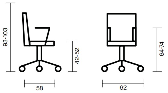 Sch&eacute;ma du fauteuil visiteur Monti, vues de face et de profil, cotes : largeur 58 cm, hauteur 93-103 cm