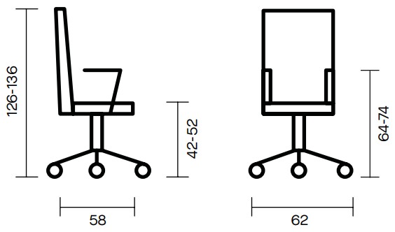 Sch&eacute;ma du fauteuil de bureau Monti pivotant, cotes : largeur 58 cm, hauteur 126-136 cm, assise 42-52 cm