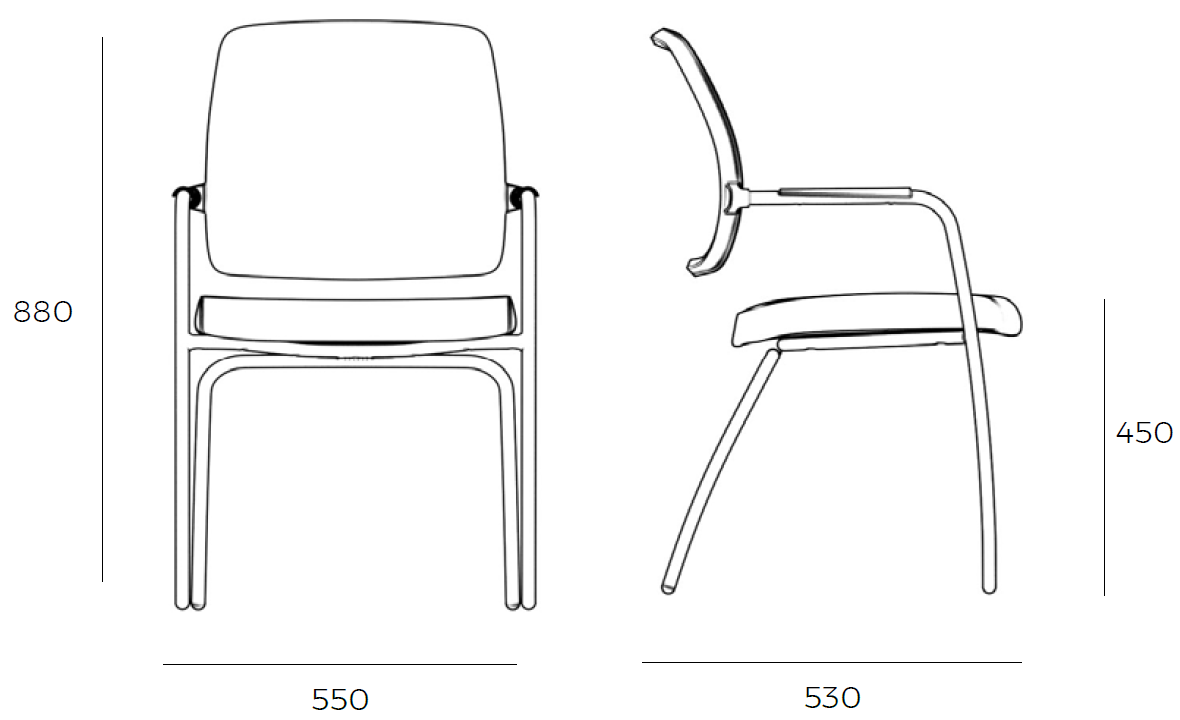 Sch&eacute;ma de la chaise Morcin Meet sur 4 pieds avec accoudoirs, largeur 55 cm, hauteur 88 cm, assise 45 cm