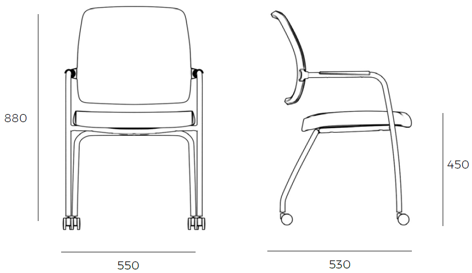 Sch&eacute;ma de la chaise Morcin Meet sur 4 pieds &agrave; roulettes avec accoudoirs, largeur 55 cm, hauteur 88 cm