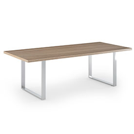 Table de r&eacute;union Navia, plateau bois et pi&eacute;tement tra&icirc;neau m&eacute;tal blanc