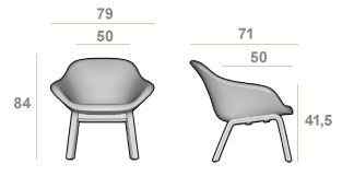 Schéma du fauteuil Nazko grand modèle, cotes : largeur 79 cm, profondeur 71 cm, hauteur 84 cm, assise 41,5 cm
