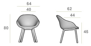 Schéma du fauteuil Nazko petit modèle, cotes : largeur 64 cm, profondeur 62 cm, hauteur 80 cm, assise 45 cm