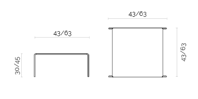 Schéma de la table basse Neto carrée, cotes : 43/63 cm et hauteur 30/45 cm