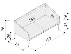 Sch&eacute;ma du canap&eacute; Nimbus 2 places, cotes : largeur 153 cm, profondeur 73 cm, hauteur 76 cm, assise 43 cm