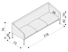 Sch&eacute;ma du canap&eacute; Nimbus 3 places, cotes : largeur 218 cm, profondeur 73 cm, hauteur 76 cm, assise 43 cm
