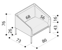 Schéma du fauteuil Nimbus, cotes : largeur 86 cm, profondeur 73 cm, hauteur 76 cm, assise 43 cm