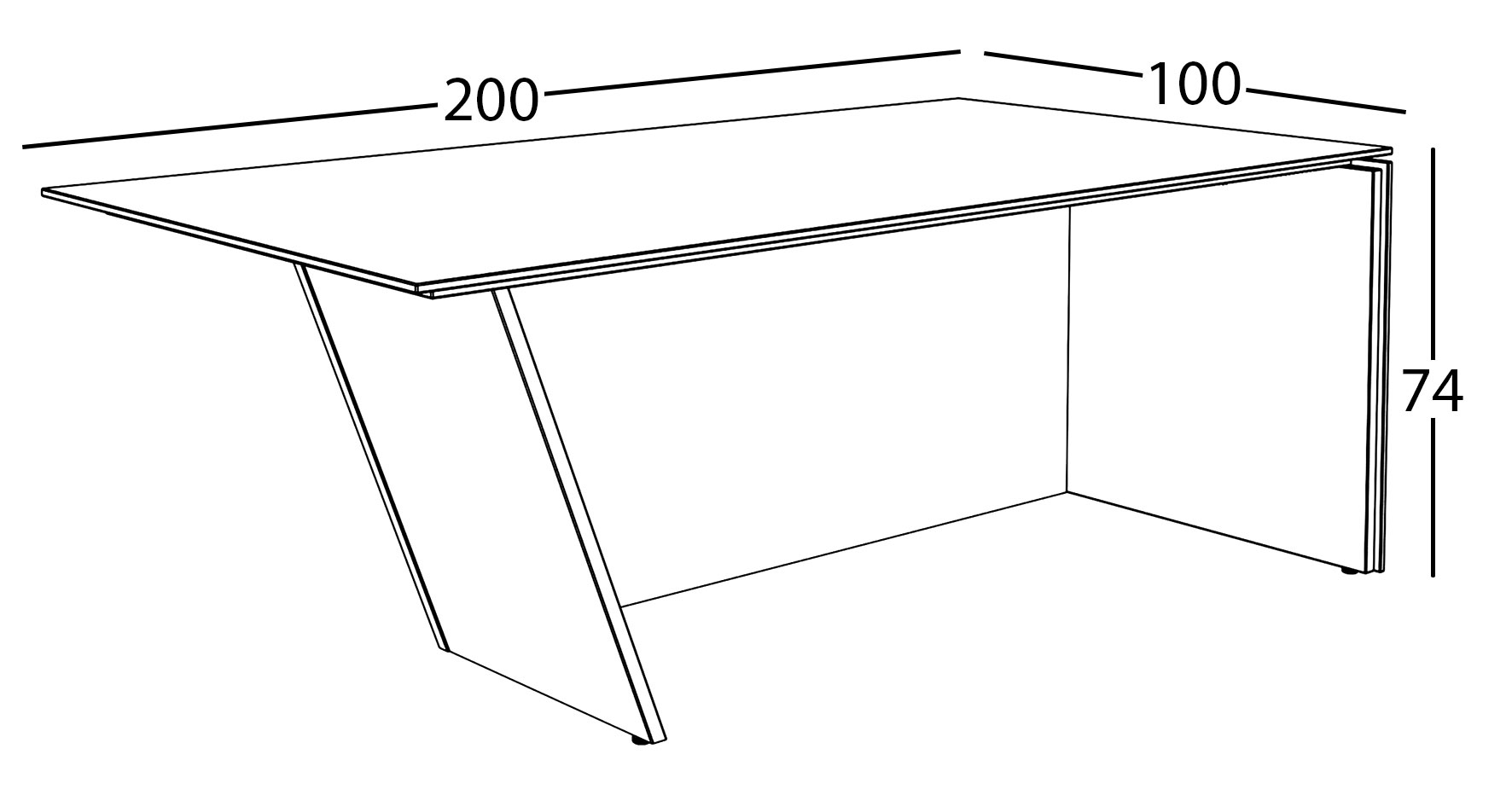 Sch&eacute;ma du bureau Nive &agrave; pied droit, cotes : largeur 200 cm, profondeur 100 cm et hauteur 74 cm