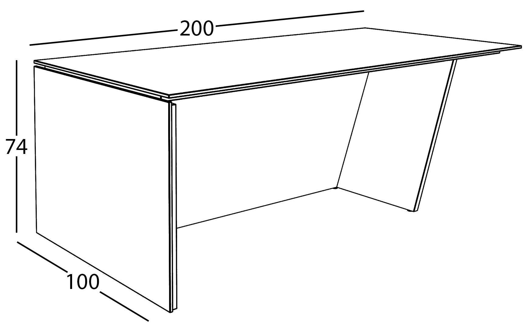 Sch&eacute;ma du bureau Nive, cotes : largeur 200 cm, profondeur 100 cm et hauteur 74 cm