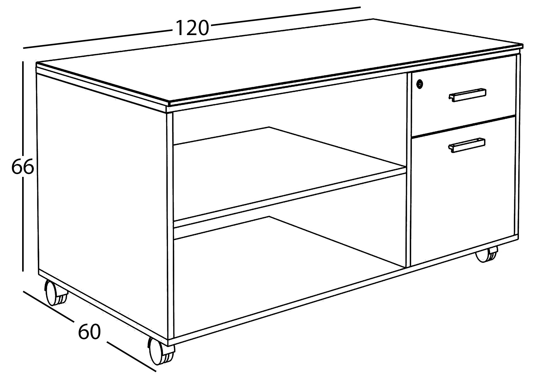 Sch&eacute;ma de la console Nive 2 tiroirs sur roulettes, cotes : largeur 120 cm, profondeur 60 cm, hauteur 66 cm