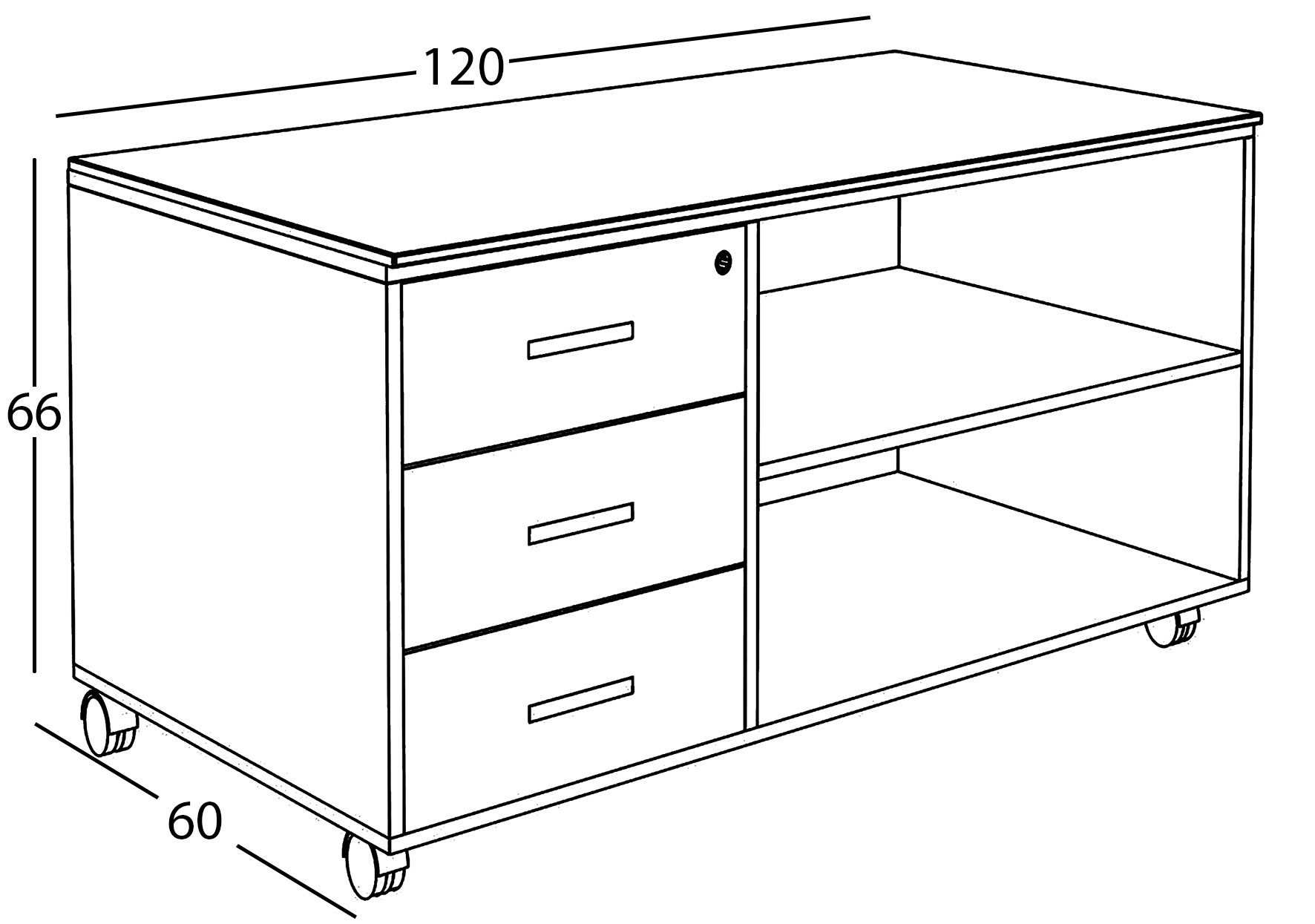 Sch&eacute;ma de la console Nive 3 tiroirs sur roulettes, cotes : largeur 120 cm, profondeur 60 cm, hauteur 66 cm