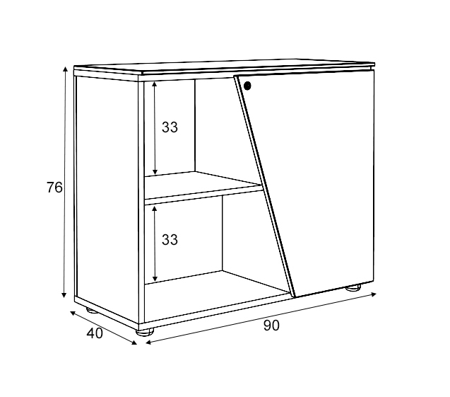 Sch&eacute;ma de l'armoire basse Nive &agrave; 1 porte et niche, cotes : largeur 90 cm, hauteur 76 cm