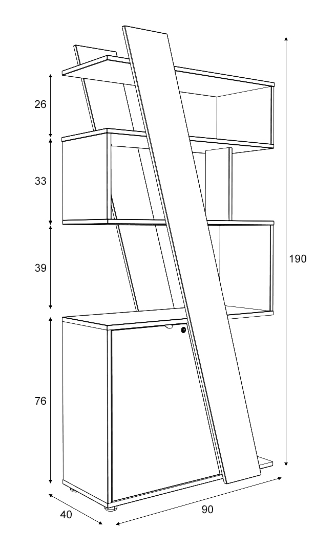 Sch&eacute;ma de la biblioth&egrave;que Nive &agrave; &eacute;tag&egrave;res ouvertes et montant inclin&eacute;, largeur 90 cm, hauteur 190 cm