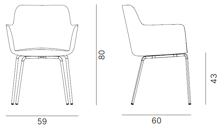 Sch&eacute;ma du fauteuil Odra sur 4 pieds avec accoudoirs, cotes : largeur 60 cm, hauteur 80 cm, assise 43 cm