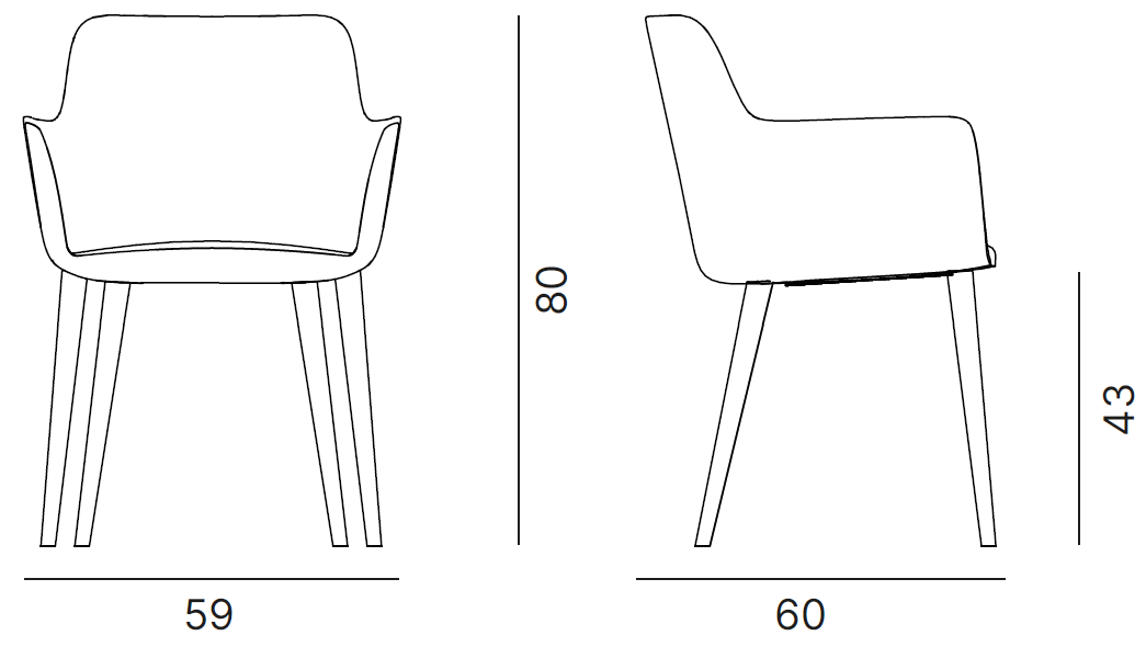 Sch&eacute;ma du fauteuil Odra avec accoudoirs sur 4 pieds bois, largeur 59 cm, hauteur 80 cm, assise 43 cm