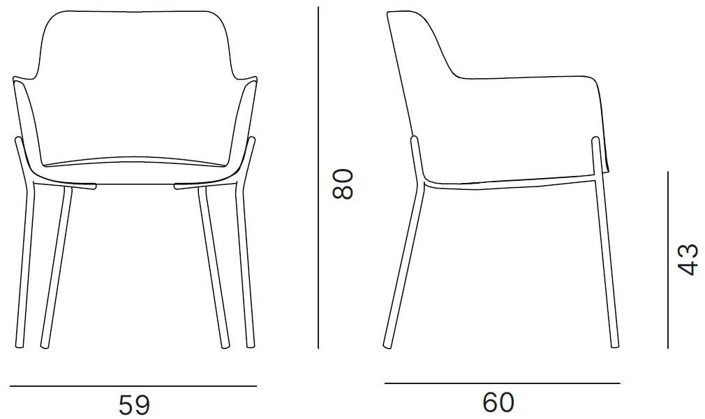 Sch&eacute;ma du fauteuil Odra avec accoudoirs sur 4 pieds d&eacute;co, largeur 59 cm, hauteur 80 cm, assise 43 cm