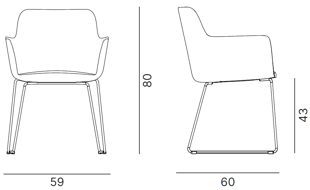 Sch&eacute;ma du fauteuil Odra avec accoudoirs sur pi&eacute;tement luge, largeur 59 cm, hauteur 80 cm, assise 43 cm