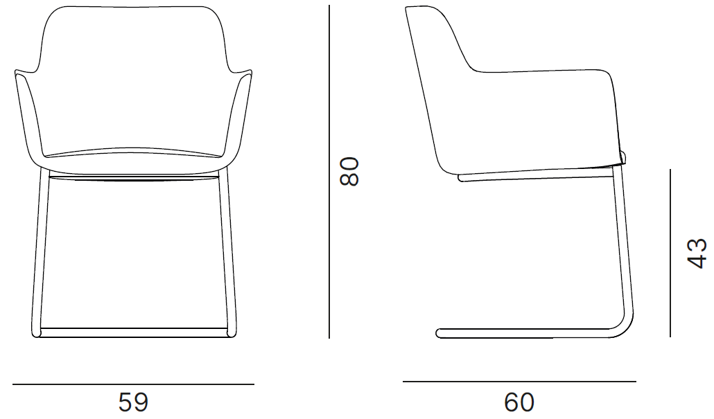 Sch&eacute;ma du fauteuil Odra avec accoudoirs sur pi&eacute;tement luge cantilever, largeur 59 cm, hauteur 80 cm