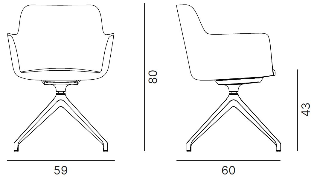 Sch&eacute;ma du fauteuil Odra avec accoudoirs sur pi&eacute;tement &eacute;toile pivotant, largeur 59 cm, hauteur 80 cm