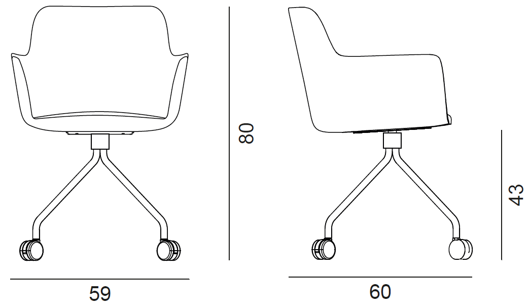 Sch&eacute;ma du fauteuil Odra avec accoudoirs sur pi&eacute;tement &eacute;toile &agrave; roulettes, largeur 59 cm, hauteur 80 cm