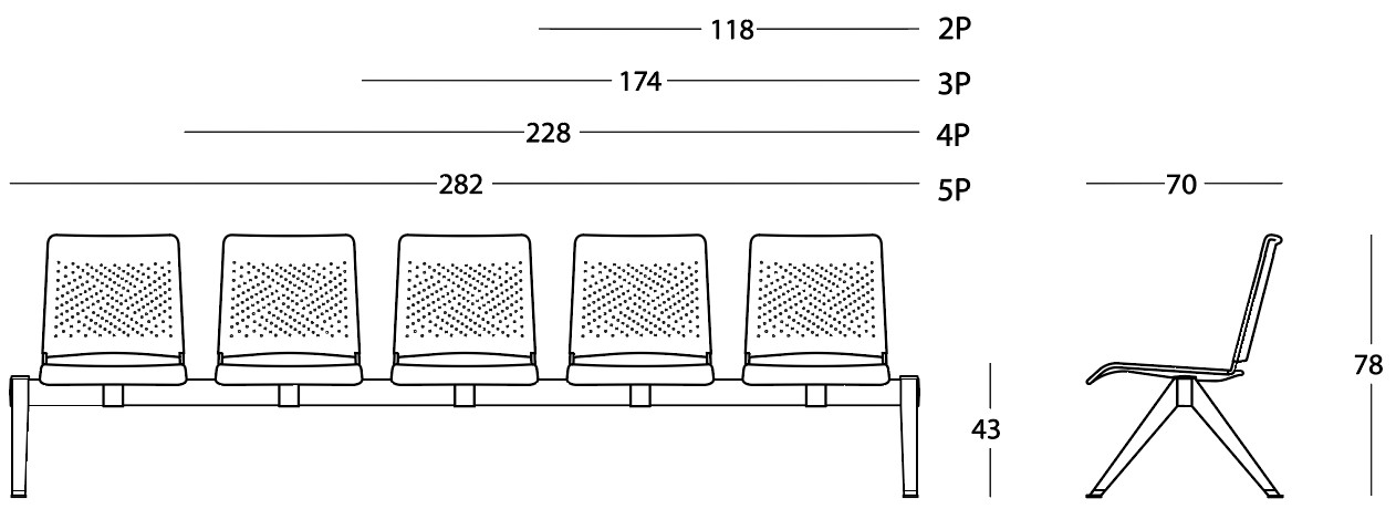 Sch&eacute;ma du banc sur poutre Oglio de 2 &agrave; 5 places, profondeur 70 cm, hauteur 78 cm, assise 43 cm