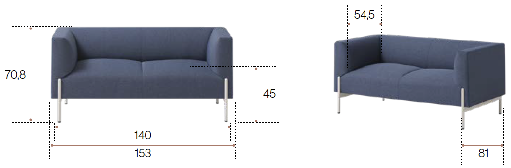 Sch&eacute;ma du canap&eacute; Oliva 2 places, cotes : largeur 153 cm, profondeur 81 cm, hauteur 70,8 cm, assise 45 cm