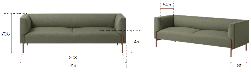 Sch&eacute;ma du canap&eacute; Oliva 3 places, cotes : largeur 216 cm, profondeur 81 cm, hauteur 70,8 cm, assise 45 cm