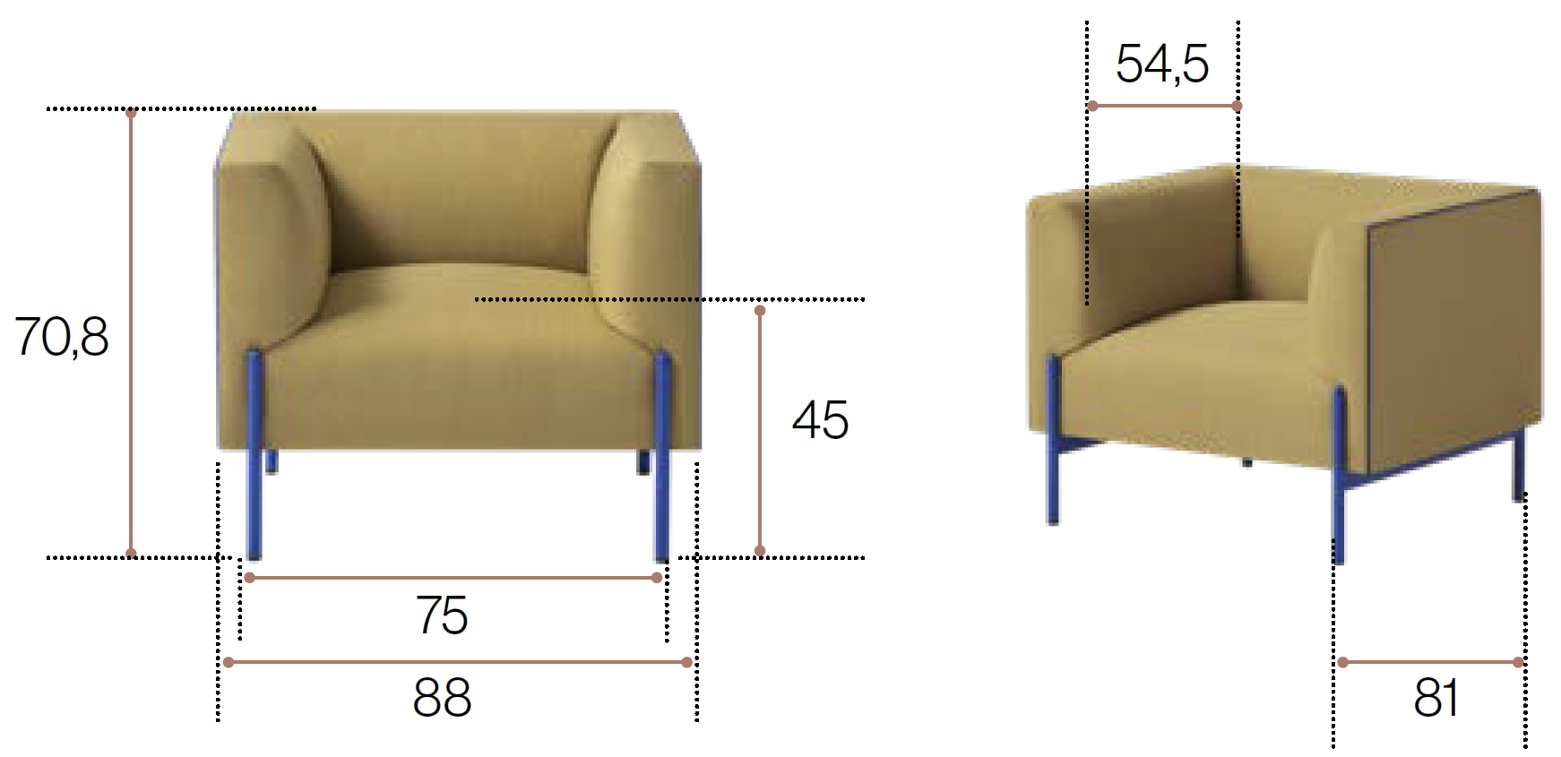 Schéma du fauteuil Oliva, cotes : largeur 88 cm, profondeur 81 cm, hauteur 70,8 cm, assise 45 cm