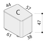 Schéma du pouf One modèle C trapézoïdal, cotes : 57 x 61 cm et hauteur 47 cm