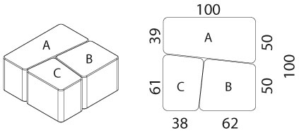 Schéma d'assemblage des poufs One A, B et C formant un ensemble 100 x 100 cm