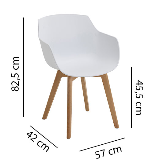 Sch&eacute;ma de la chaise Orani coque blanche sur 4 pieds bois, 42 x 57 cm, hauteur 82,5 cm, assise 45,5 cm