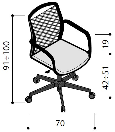 Schéma du siège Orka à dossier résille pivotant sur roulettes, hauteur 91-100 cm, largeur 70 cm