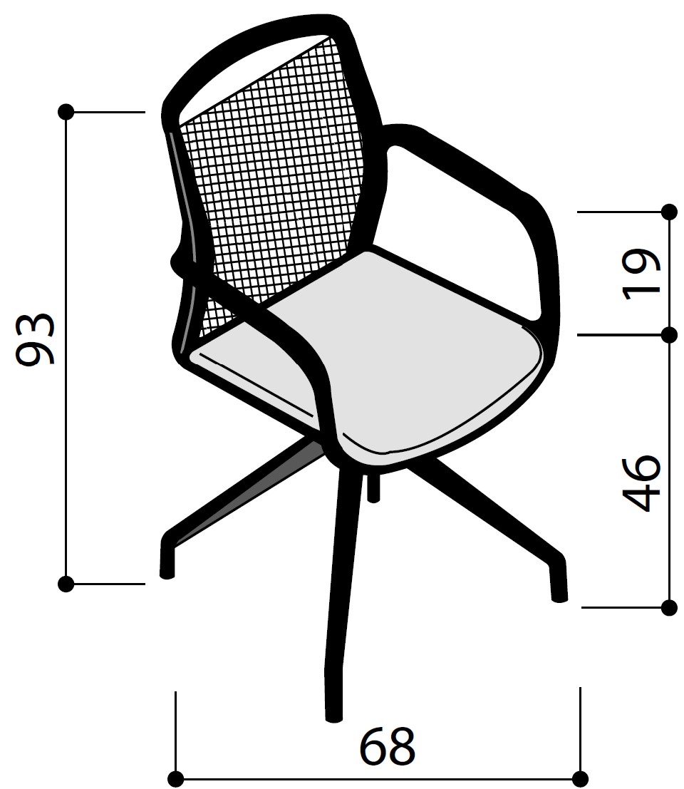 Schéma du siège Orka sur piétement luge avec accoudoirs, hauteur 93 cm, assise 46 cm, largeur 68 cm