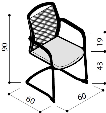 Schéma du siège Orka empilable sur piétement luge, hauteur 90 cm, assise 43 cm, largeur 60 cm