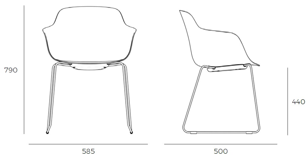 Sch&eacute;ma de la chaise visiteur Ortega sur pi&eacute;tement luge avec accoudoirs, largeur 58,5 cm, hauteur 79 cm