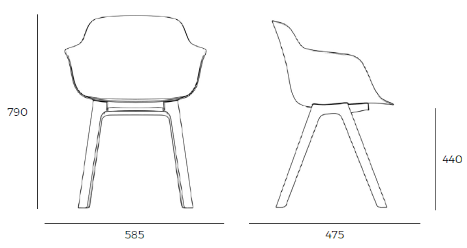 Sch&eacute;ma de la chaise Ortega Social sur 4 pieds bois avec accoudoirs, largeur 58,5 cm, hauteur 79 cm, assise 44 cm