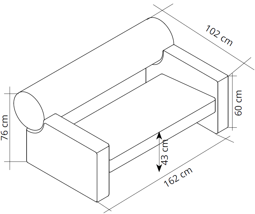 Sch&eacute;ma du canap&eacute; Ortobene 2 places, cotes : largeur 162 cm, profondeur 87 cm, hauteur 76 cm, assise 43 cm
