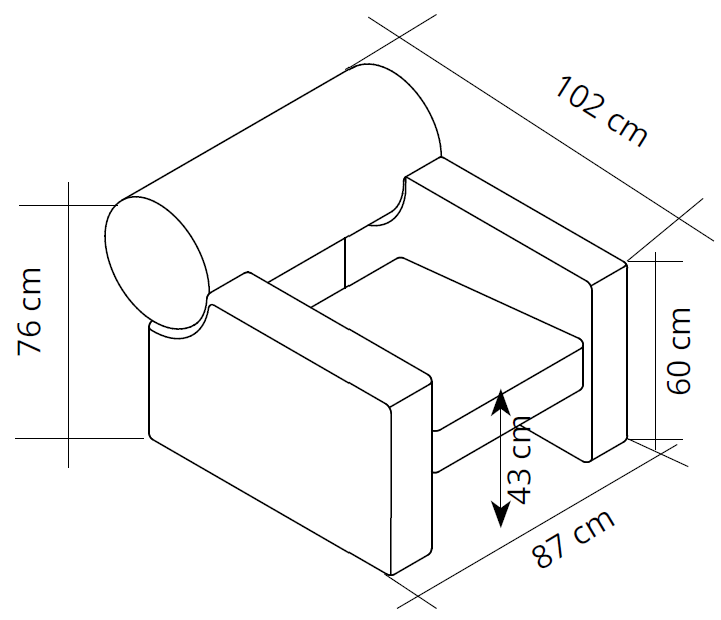 Sch&eacute;ma du fauteuil Ortobene, cotes : largeur 102 cm, profondeur 87 cm, hauteur 76 cm, assise 43 cm