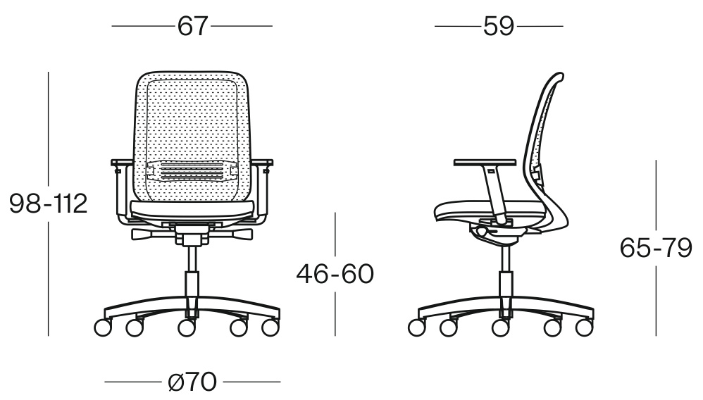 Sch&eacute;ma du si&egrave;ge Ostara &agrave; dossier r&eacute;sille pivotant, cotes : largeur 67 cm, hauteur 98-112 cm, assise 46-60 cm