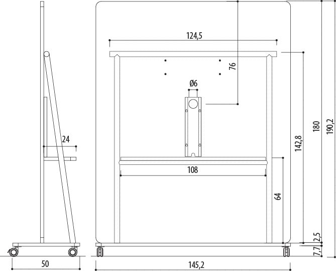 Schéma du chevalet mobile Otri Médiation grand modèle, largeur 145 cm, hauteur 190 cm