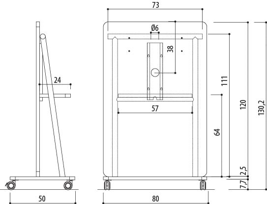 Schéma du chevalet mobile Otri Médiation petit modèle, largeur 73 cm, hauteur 130 cm